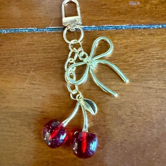 NEW Red Cherry and GoldTone Bow Keychain Bag Charm - Picture 2 of 3